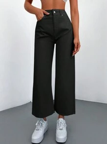 Cottnline Solid Wide Leg Cropped Jeans - Black - View 6