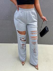 Zolique 女士夏季寬鬆休閒破洞長褲 - 灰色 - 查看 1