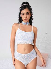 ROMWE Kawaii Vintage Sweet Butterfly & Floral Pattern Lady Lingerie Set With Court Style - Multicolor - View 3