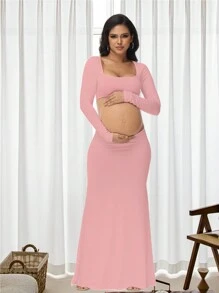 孕妇修身露背连衣裙，孕妇镂空方领长裙，适合拍照、迎婴派对等场合，长袖设计 - 粉色 - 查看 1