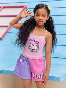 Mr Men Little Miss X SHEIN Tween Girl Cartoon Printed Pink Cute Cami Top & Two Tone Cuffed Hem Shorts Set - Pink - View 8
