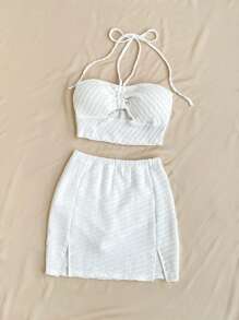 Soleia Hollow Out Crop Top & Slit Skirt Set With Halter Neck Design - White - View 5