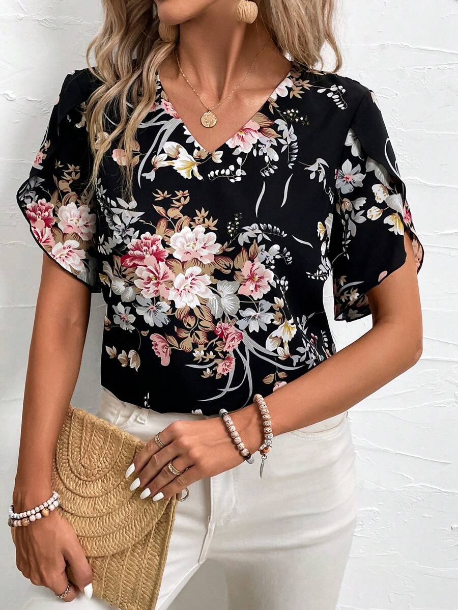 EMERY ROSE Áo kiểu nữ tay ngắn cổ chữ V in hoa thanh lịch cho kỳ nghỉ - Nhiều màu - Xem 1