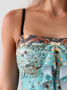 Women's Leopard Print Patchwork Ruffle Hem Casual Tankini Swimwear For Beach Vacation Summer - Multicolor - View 3