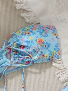 Set Bikini Seksi Wanita Musim Panas dengan Motif Bustier, Potongan Berongga, dan Tali Bahu untuk Pantai - Biru - View 4