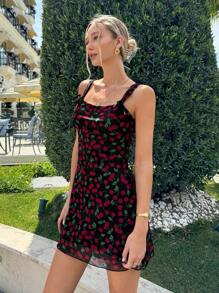 SHEIN EZwear Vestido casual de tirantes con estampado de cerezas para mujer en verano - Negro - Ver 4