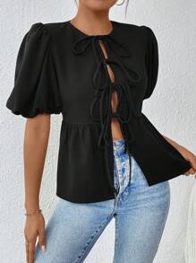 SHEIN Essnce Shein Essnce Women's Summer T-Shirt Girlhood Aesthetic Tie Front Black Polka Dot Tie Front Puff Sleeve T-Shirt, Summer