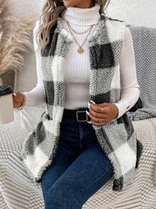 SHEIN LUNE Buffalo Plaid Print Open Front Teddy Vest Coat - Black and White - View 1