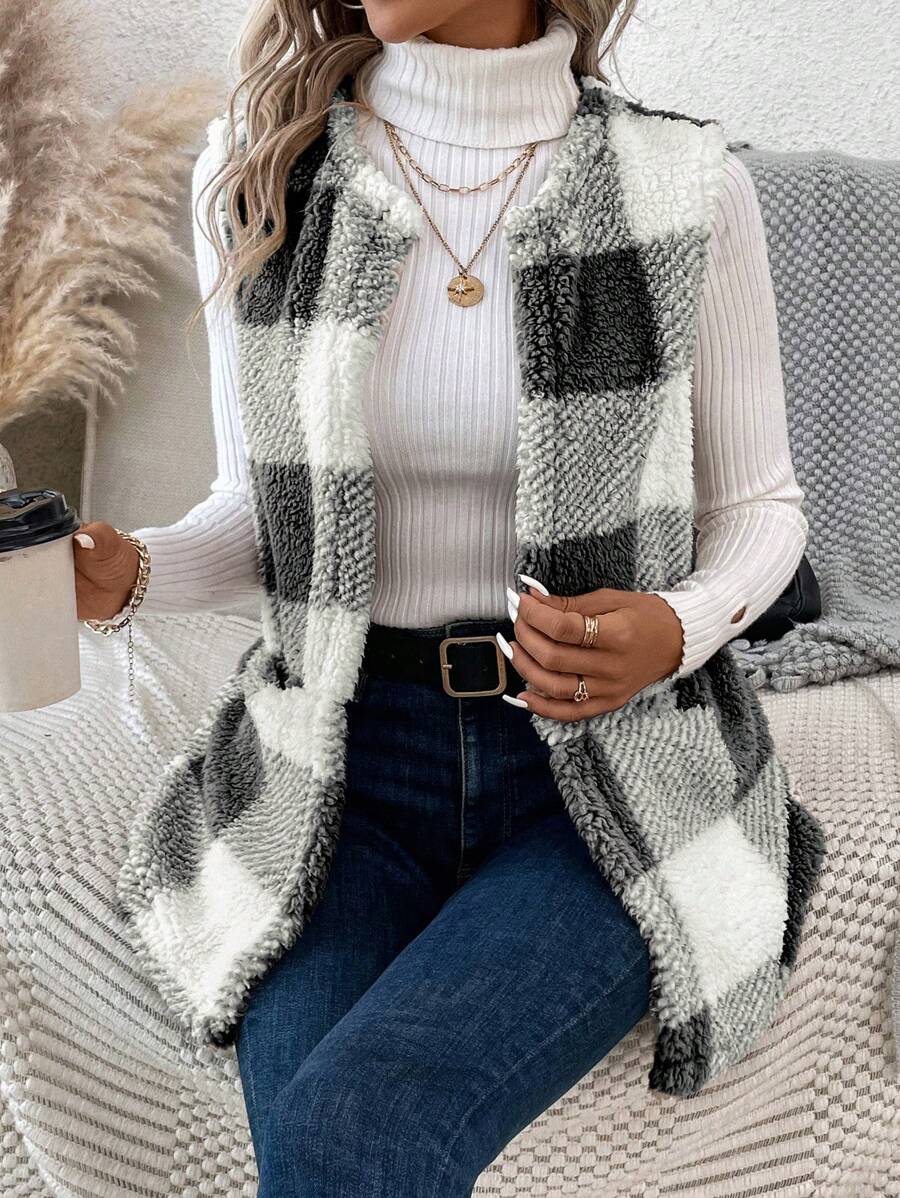 SHEIN LUNE Buffalo Plaid Print Open Front Teddy Vest Coat - Black and White - View 1