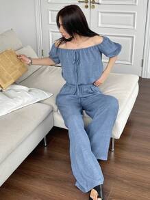 DAZY 女式夏季纯色露肩短款泡泡袖短款上衣和阔腿宽松裤两件套，荷叶边 - 藍色 - 查看 3
