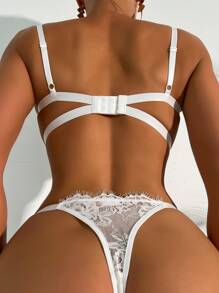 Floral Lace Underwire Bra & Panty Lingerie Set - White - View 2