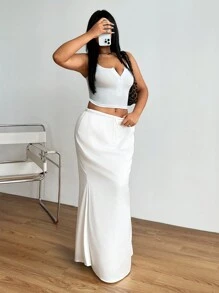 SHEIN EZwear Plus Size Solid Color Casual Knot Front Skirt, Summer - White - View 6