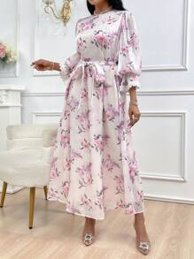 Modelyn Women's Round Neck Floral Printed Lantern Sleeve Belted Arabic Style Dress Long Evening Dresses - Multicolor - View 7