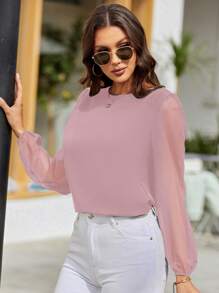 EMERY ROSE Women's Round Neck Solid Color Casual Long Sleeve Shirt For Everyday Wear Fall Cloth For Women - Pink - View 3