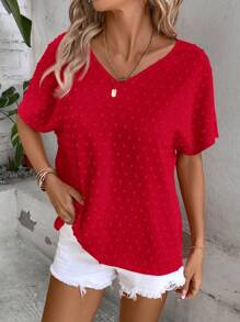 SHEIN LUNE Women's Plain And Simple Short Sleeve Daily Shirt,Short Sleeve Tops - Red - View 5