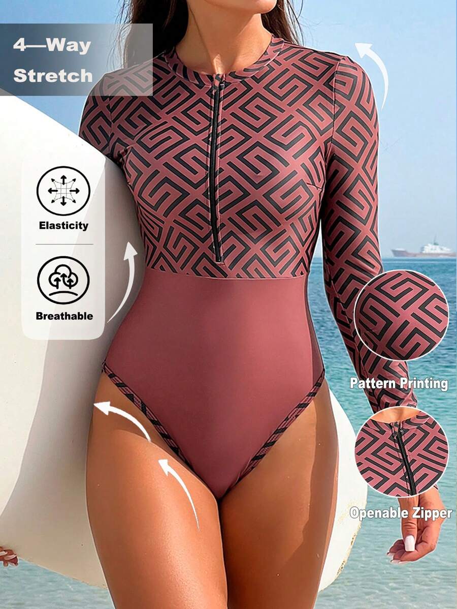 Swim SPRTY Women's Long Sleeve-One-Piece Zip-Up  Rash-Guard With All-Over Print, Summer Sports Beachwea - Multicolor - View 1
