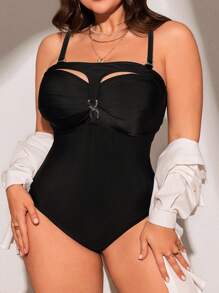 SHEIN Swim Curve 大码纯色性感修身连体泳衣夏季 - 黑色 - 查看 4