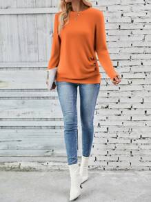 EMERY ROSE Women's Spring/Summer Solid Color Round Neck Long Sleeve Casual T-Shirt With Pleats And Button Decor Fall Cloth For Women - Orange - View 3