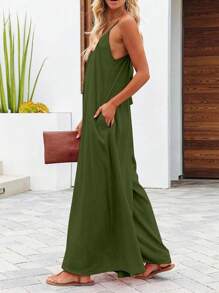 EMERY ROSE Mono casual de verano para mujer, holgado y de pierna ancha, de un solo color, con bolsillos