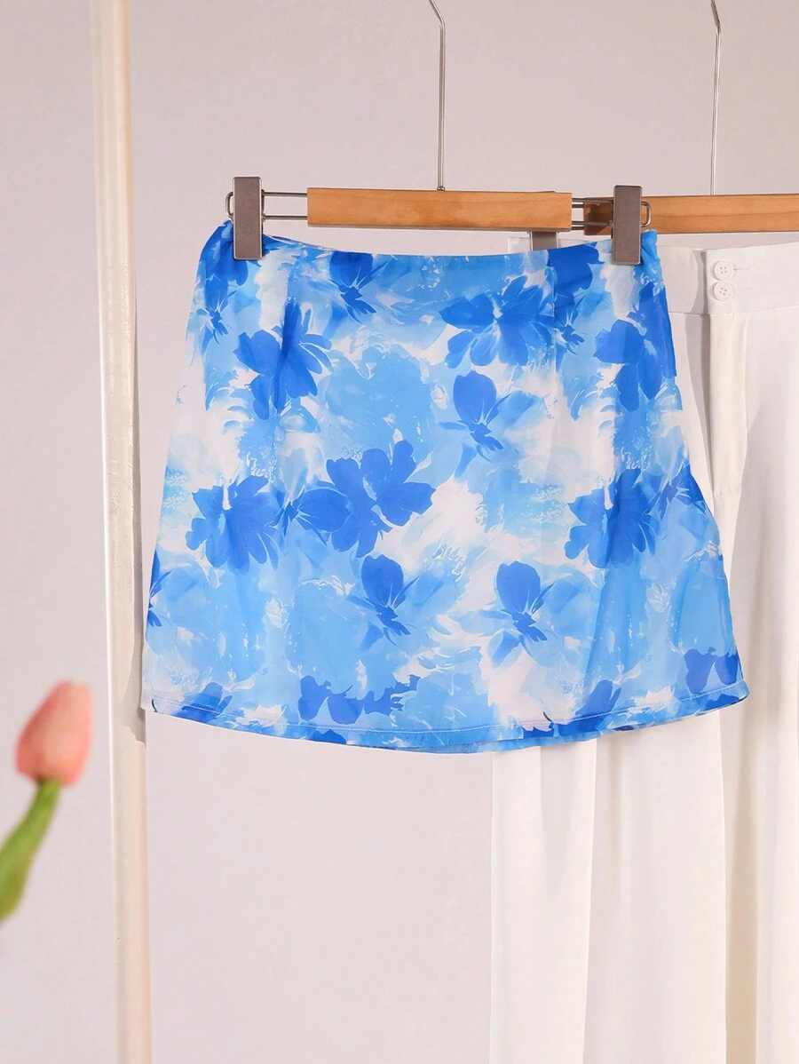 SHEIN Unity Ladies' Blue Floral Print Chiffon Midi Skirt, Perfect For Vacation - Multicolor - View 1