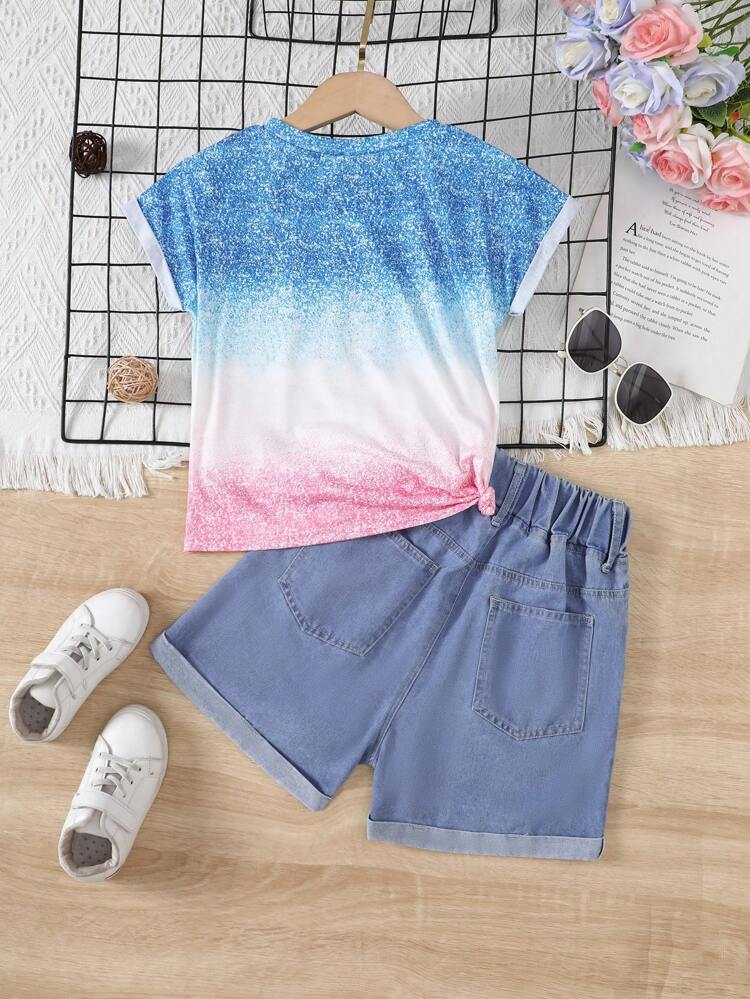 2pcs Tween Girls Casual Independence Day Flower Print Short Sleeve T-Shirt And Denim Shorts Set