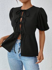 SHEIN Essnce Shein Essnce Women's Summer T-Shirt Girlhood Aesthetic Tie Front Black Polka Dot Tie Front Puff Sleeve T-Shirt, Summer