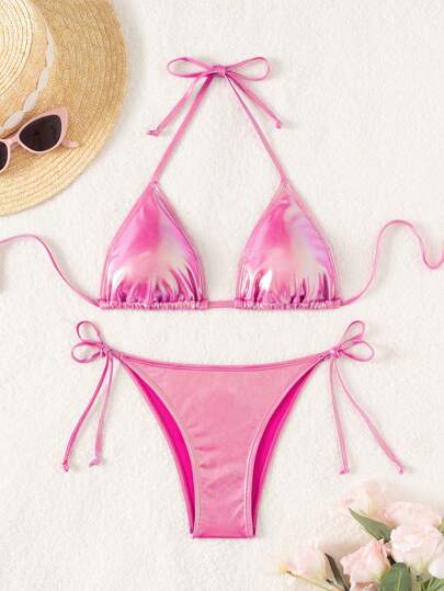 Swim Mod 女款固色金屬質地頸掛比基尼套裝，適用於夏季海灘