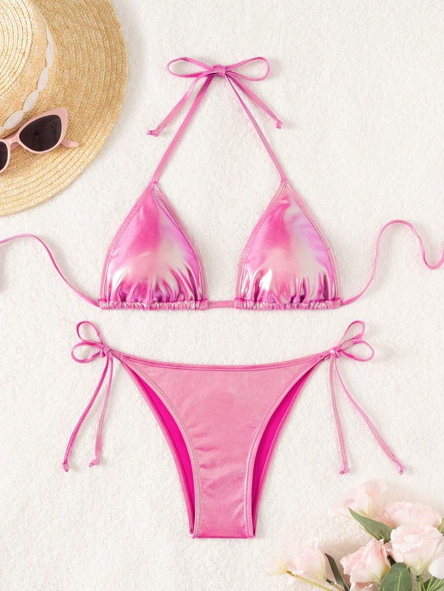 Swim Mod Women's Solid Color Metal Texture Halter Neck Bikini Set For Summer Beach - Hot Pink - View 1