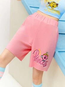 Mr Men Little Miss X SHEIN Women's Casual Cartoon And Letter Printed Elastic Waist Wide Leg Loose Summer Pink Shorts - Pink - View 5