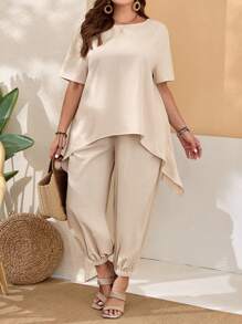 SHEIN CURVE+ Plus Size Women'S Short Sleeve Asymmetrical Hem Top And Bloomers Boho Khaki Two-Piece For Spring