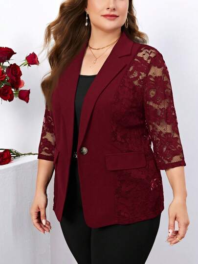 SHEIN Clasi Blazer de encaje con cuello de solapa y un solo botón para uso diario en otoño/invierno en talla grande