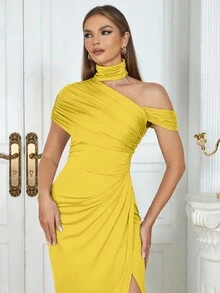Retro Sexy Simple Off-The-Shoulder Slim Dress Woman - Yellow - View 5