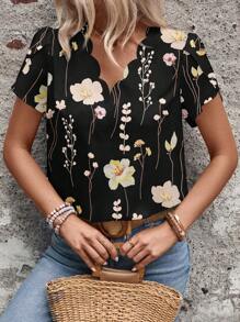 EMERY ROSE Women's Random Printed Short Sleeve Shirt (Pattern Randomly Cut) - Black - View 7