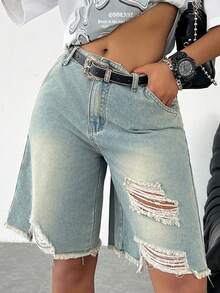Coolane Short de mezclilla con proceso de lavado desgastado al estilo Y2K, moderno y urbano, de vuelta al colegio, para mujeres - Lavado ligero - Ver 3