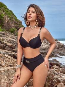 Swim Lushoire Women's Solid Color Pleated Sexy Bikini Set For Summer Beach, With PUSH UP And Underwire