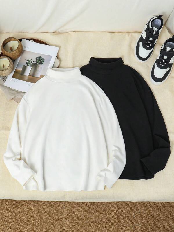 SHEIN Tween-Jungen Einfarbig 2-teiliges Set mit lässigen, hochgeschlossenen Langarm-Strick-T-Shirts für Kinder, verschiedene Farben – je 1 Stück, geeignet für den Alltag, den Urlaub und sportliche Aktivitäten im Frühling, Sommer, Herbst und Winter., erweiterte Größe
