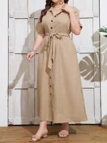 SHEIN LUNE Plus Size Solid Color Resort Style Front Button Maxi Shirt Dress For Leisure