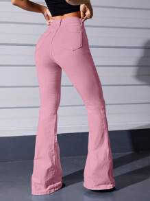 SHEIN EZwear 白色休閒曲線高腰喇叭褲 - 粉色 - 查看 2