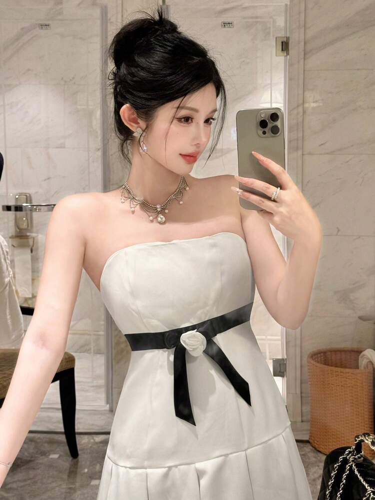 Women's Color Block 3D Flower Decorated Simple Strapless Dress For Daily Wear, Birthday Prom Dress Sundress,Casual Women Dresses Elegant Women Dresses