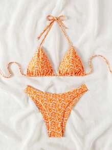 SHEIN Swim Conjunto de bikini sexy para mujer con estampado floral de verano naranja en diseño halter con nudos en el cuello, impresión aleatoria - Naranja - Ver 3
