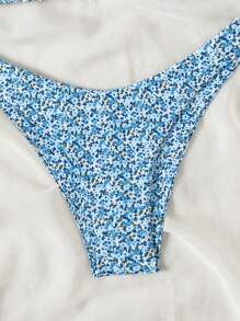 SHEIN Swim 女式夏季海灘小花隨機印花露背頸帶性感比基尼套裝 - 藍色 - 查看 4