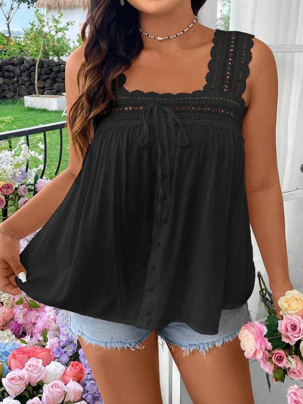 Sunnyshic Plus Size Solid Color Square Neck Lace Trim Sleeveless Shirt, Summer
