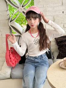 SHEIN 青少女花卉印花T卹和漸層牛仔布兩件套裝 - 白色 - 查看 4