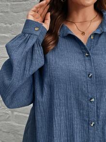 SHEIN LUNE 舒適紋理面料拼色釦領長袖襯衫，搭配有彈性腰身和寬腳褲，大碼2件套裝 - 藍色 - 查看 7