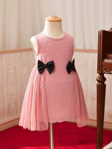 SHEIN Ärmelloses Rundhalsausschnitt Kleid mit Mesh-Splice für Baby Mädchen mit wunderschöner Schleifenverzierung