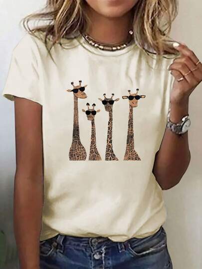 INAWLY Giraffe Print Short Sleeve T-Shirt With Eyelashes For Casual Outfits For Clothes Graphic Cheetah Print Tees Women Tops For Summer And Spring, Christmas