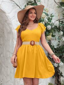 SHEIN VCAY Plus Size Women's Back Knot Design Tea Party Summer  Dress - Yellow - View 4