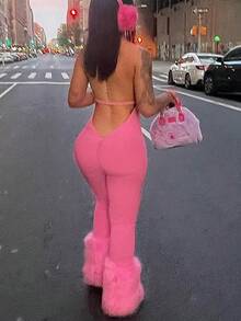 Women's Cute Y2K Backless Halter Neck Ruched Jumpsuit Elegant Pink Summer - Pink - View 2