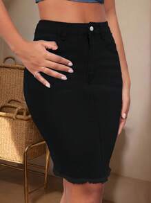 Women's Casual Plain Color Fringe Slim Denim Mini Skirt, Summer - 黑色 - 查看 3