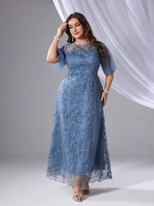 SHEIN Belle Plus Size Nữ Tương Phản Lưới Tay Bướm Phối Ren Váy Dâu - Màu xanh bụi bặm - Xem 7